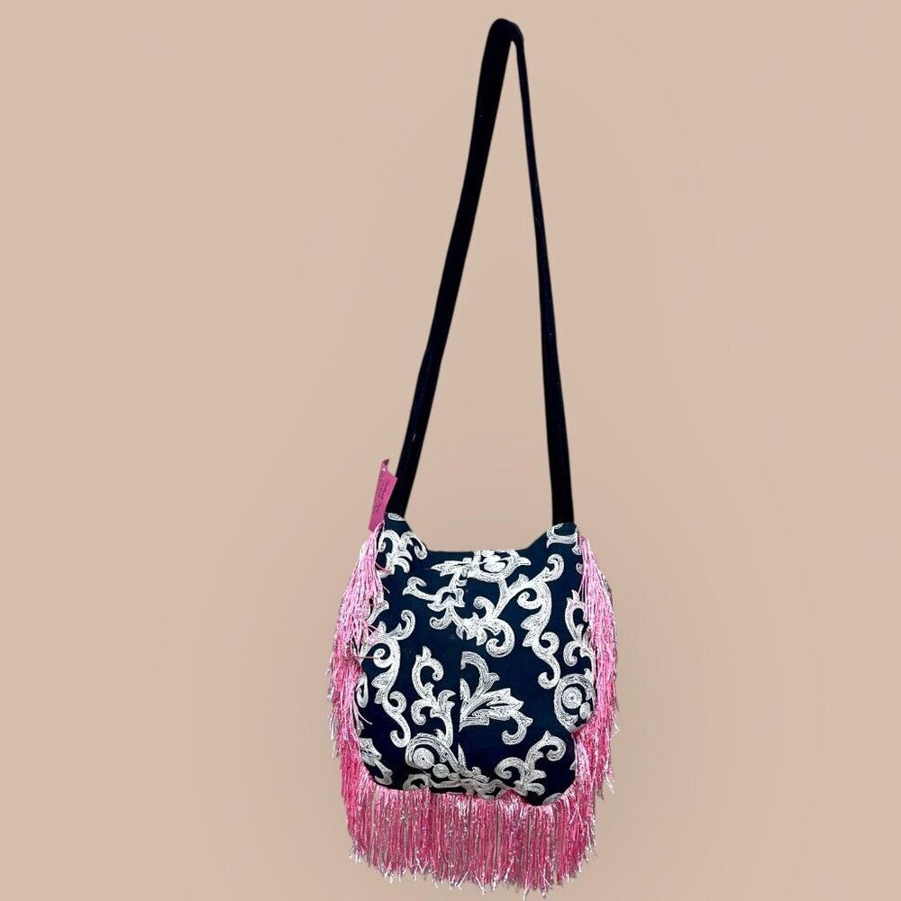 Black & Pink Eclectic Handmade Upcycled Boho Fringed Crossbody Bag - Picture 5 of 9